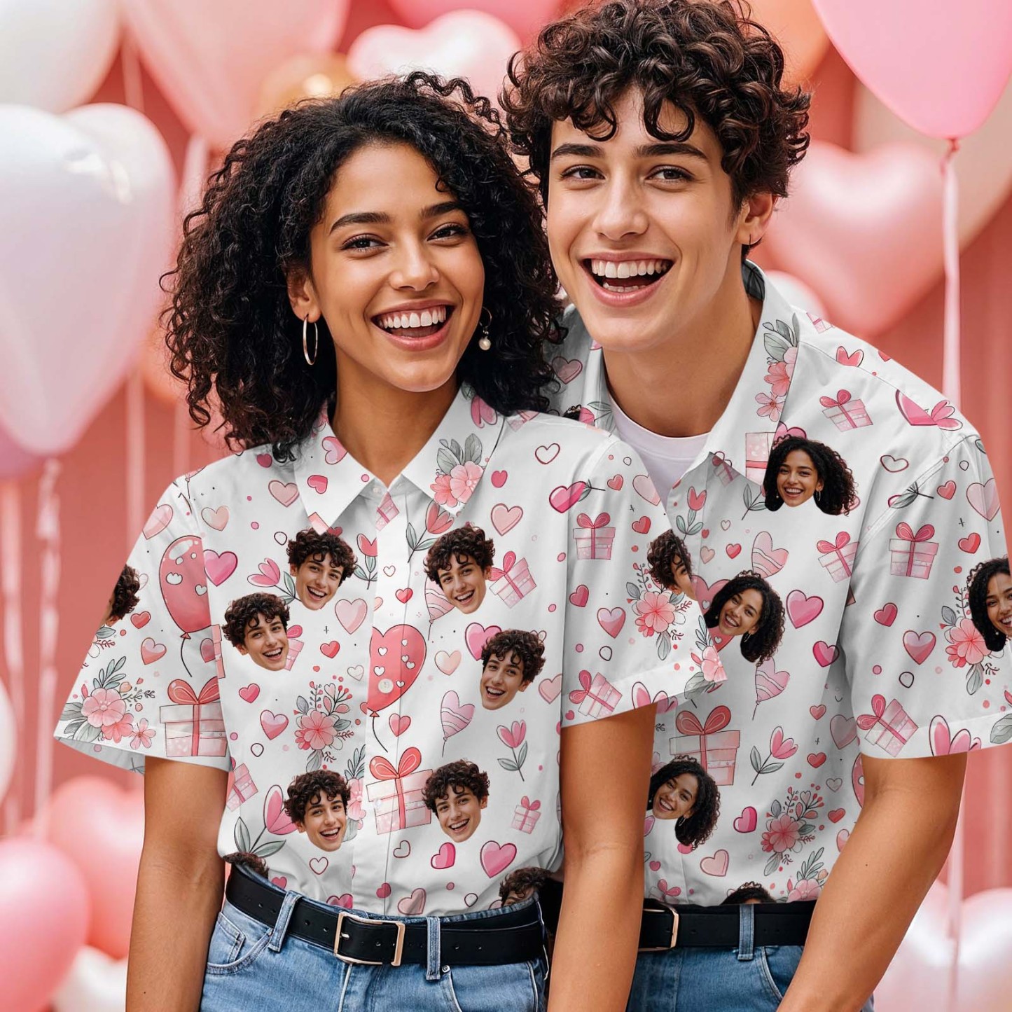 Custom Face Hawaiian Shirt Personalized Valentine's Day Pink Gift Box Style Shirt for Couples - Get Photo Blanket