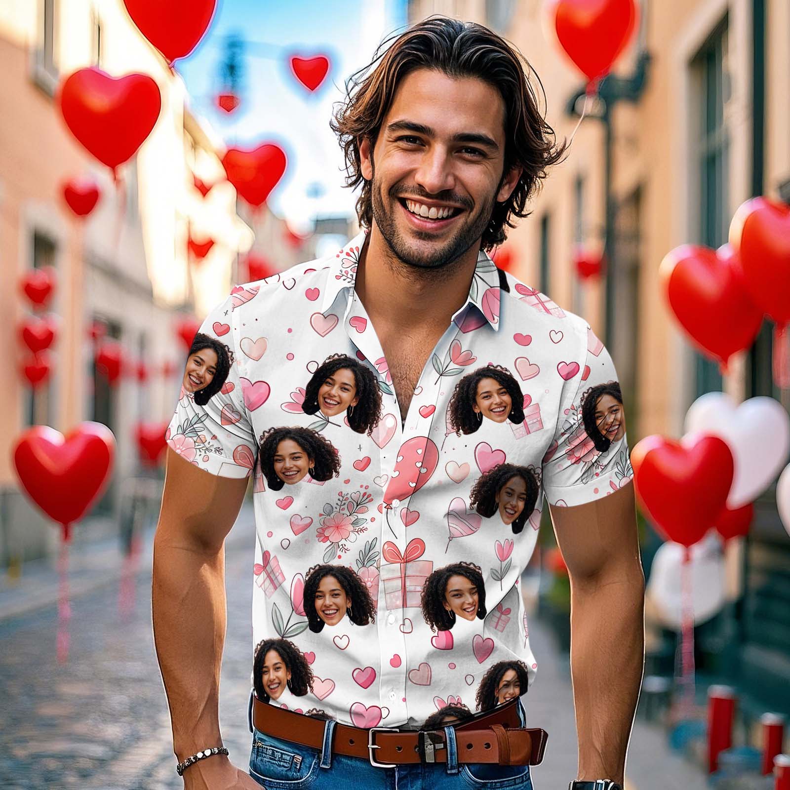 Custom Face Hawaiian Shirt Personalized Valentine's Day Pink Gift Box Style Shirt for Couples