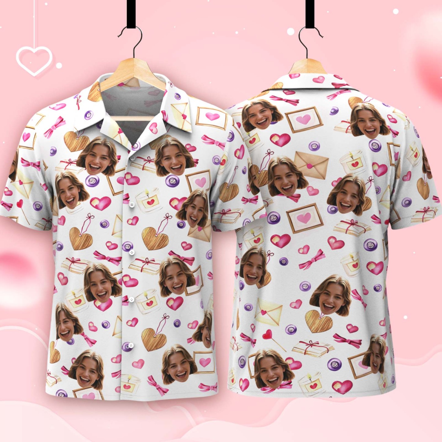 Custom Face Hawaiian Shirt Personalized Valentine's Day Classic Pink Heart And Love Letter Style All Over Shirt for Couples Best Valentine Matching Shirt for Him - Get Photo Blanket