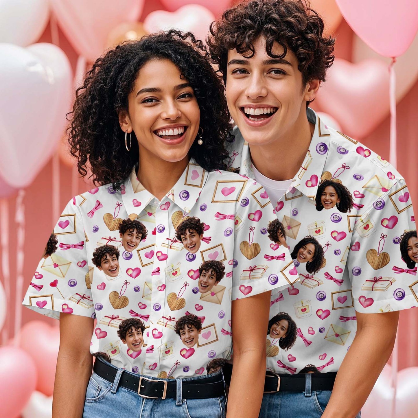 Custom Face Hawaiian Shirt Personalized Valentine's Day Classic Pink Heart And Love Letter Style All Over Shirt for Couples Best Valentine Matching Shirt for Him - Get Photo Blanket