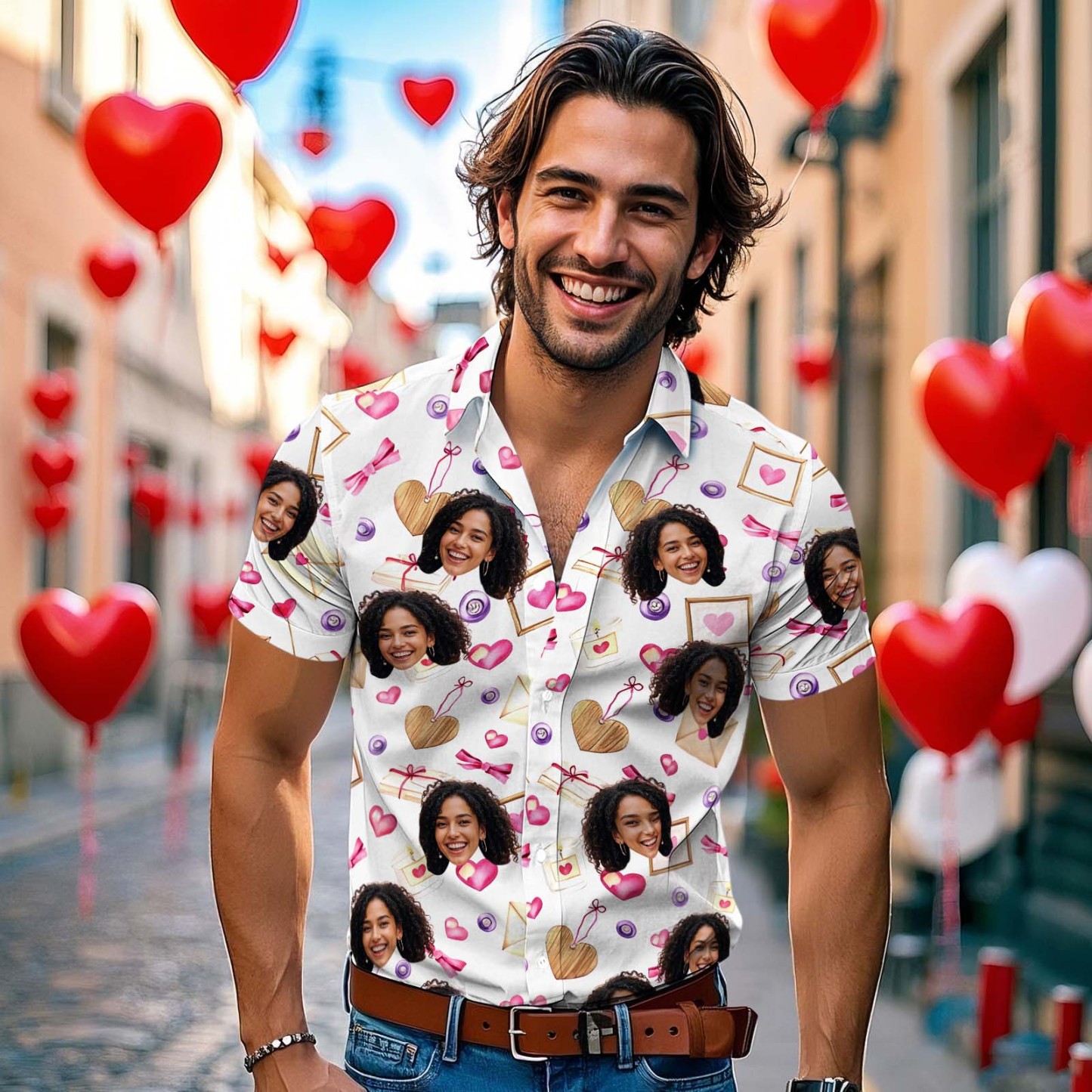 Custom Face Hawaiian Shirt Personalized Valentine's Day Classic Pink Heart And Love Letter Style All Over Shirt for Couples Best Valentine Matching Shirt for Him - Get Photo Blanket