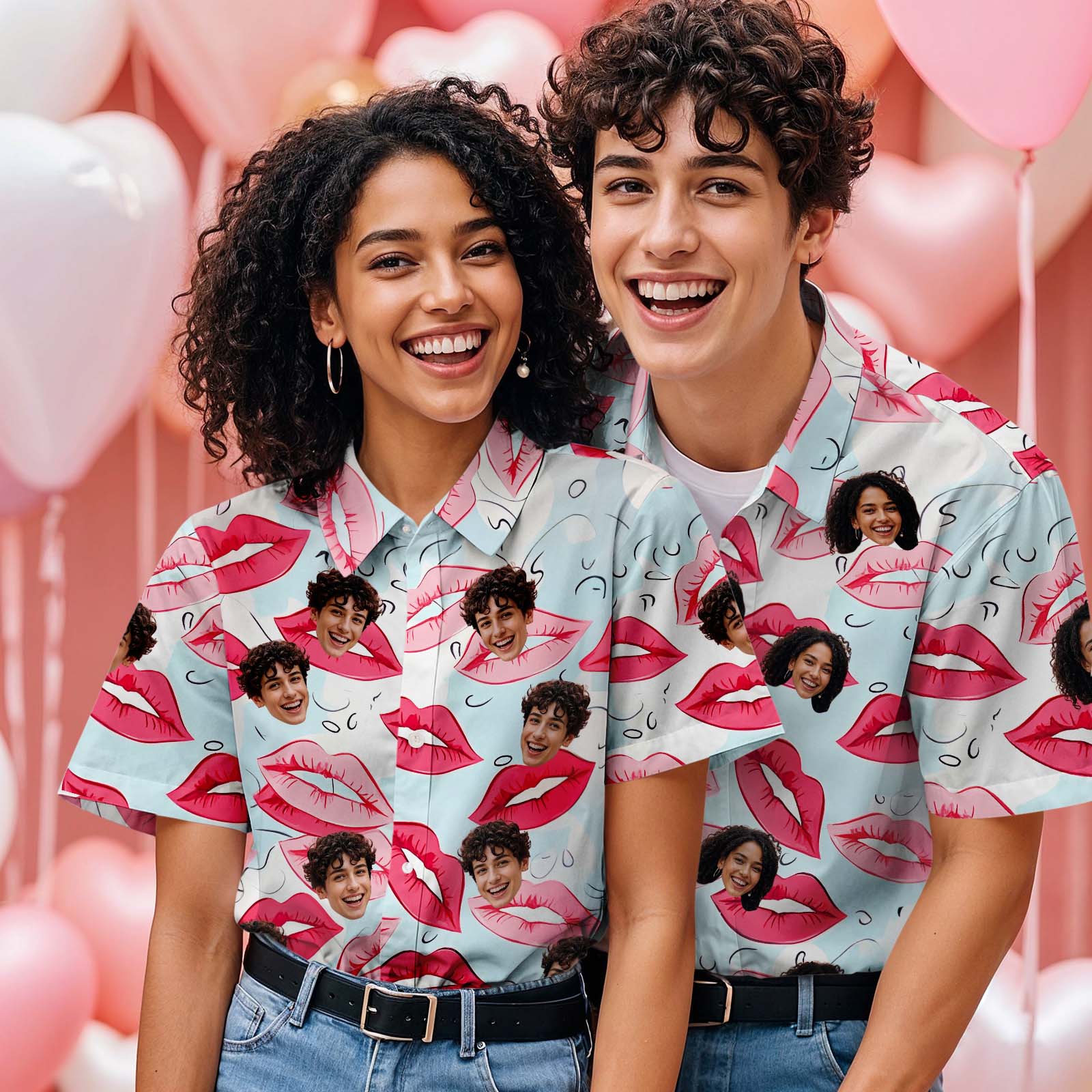 Custom Face Hawaiian Shirt Red Lip Kiss Kiss All Over Valentine's Day Style for Couples