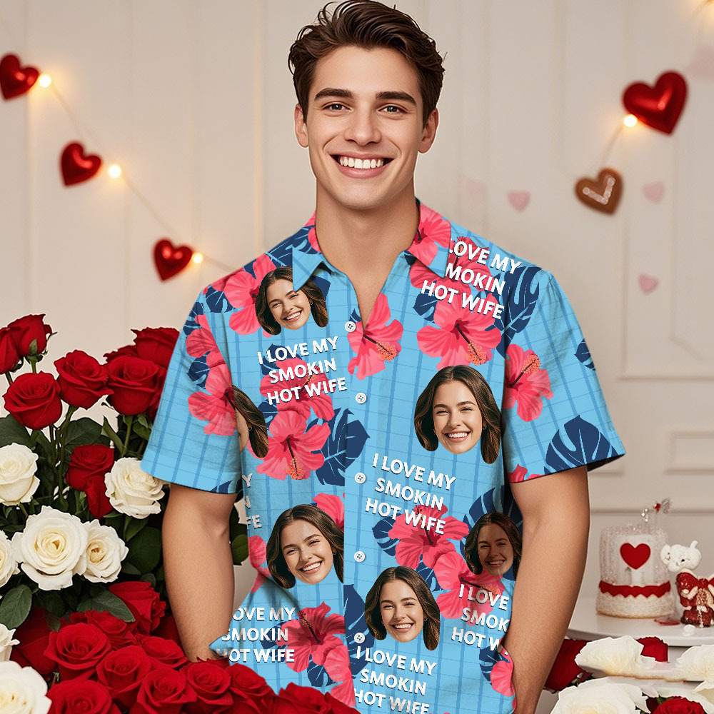 Personalized Face Hawaiian Shirt Family Photo And Text Hawaiian Shirt Gift I LOVE MY SMOKIN HOT WIFE - Get Photo Blanket