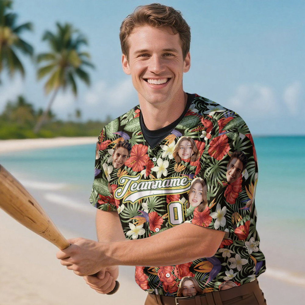 Custom Hawaiian Baseball Jersey with Face Teamname Name Number Personalized Hawaii Floral Shirt for Men Women - Get Photo Blanket