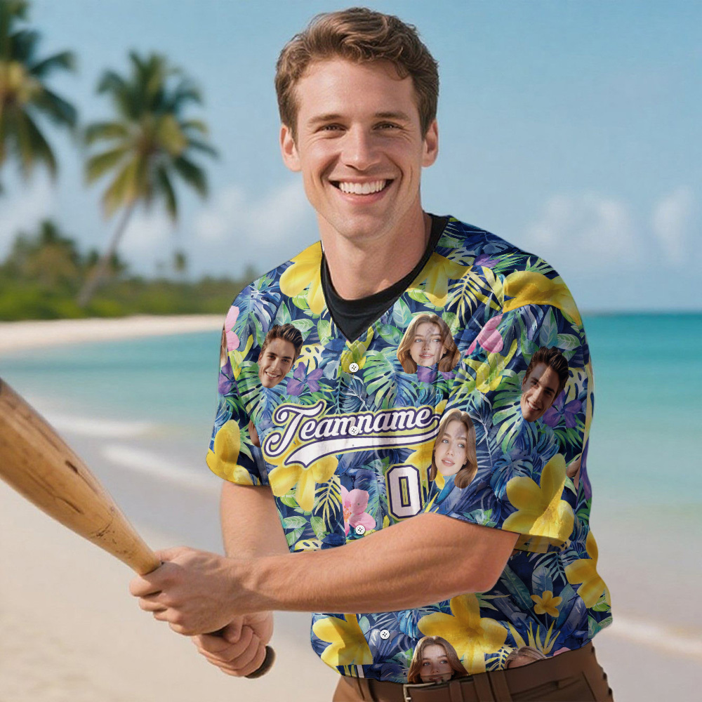 Custom Hawaiian Baseball Jersey with Face Teamname Name Number Personalized Hawaii Floral Shirt for Men Women - Get Photo Blanket