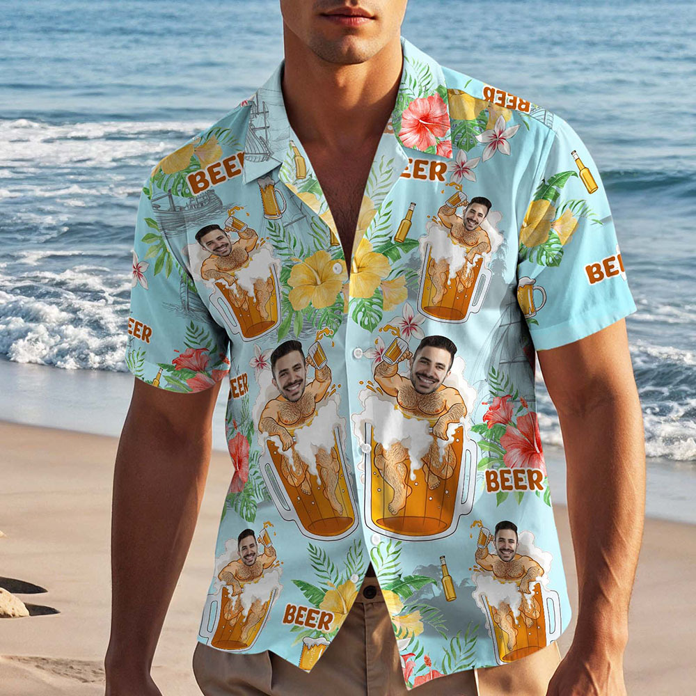 Custom Face Hawaiian Shirt Beer Print Personalized Aloha Beach Shirt Party Gift for Men - Get Photo Blanket