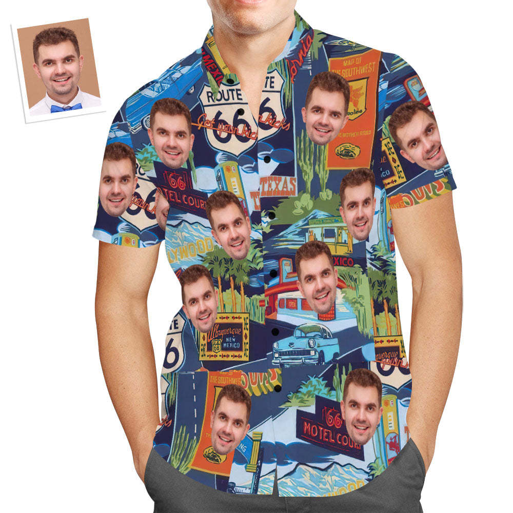 Upload Car Photo Custom Photo Hawaiian Shirt Route 66 Landmarks Aloha Beach Shirt Gift for Him - Get Photo Blanket