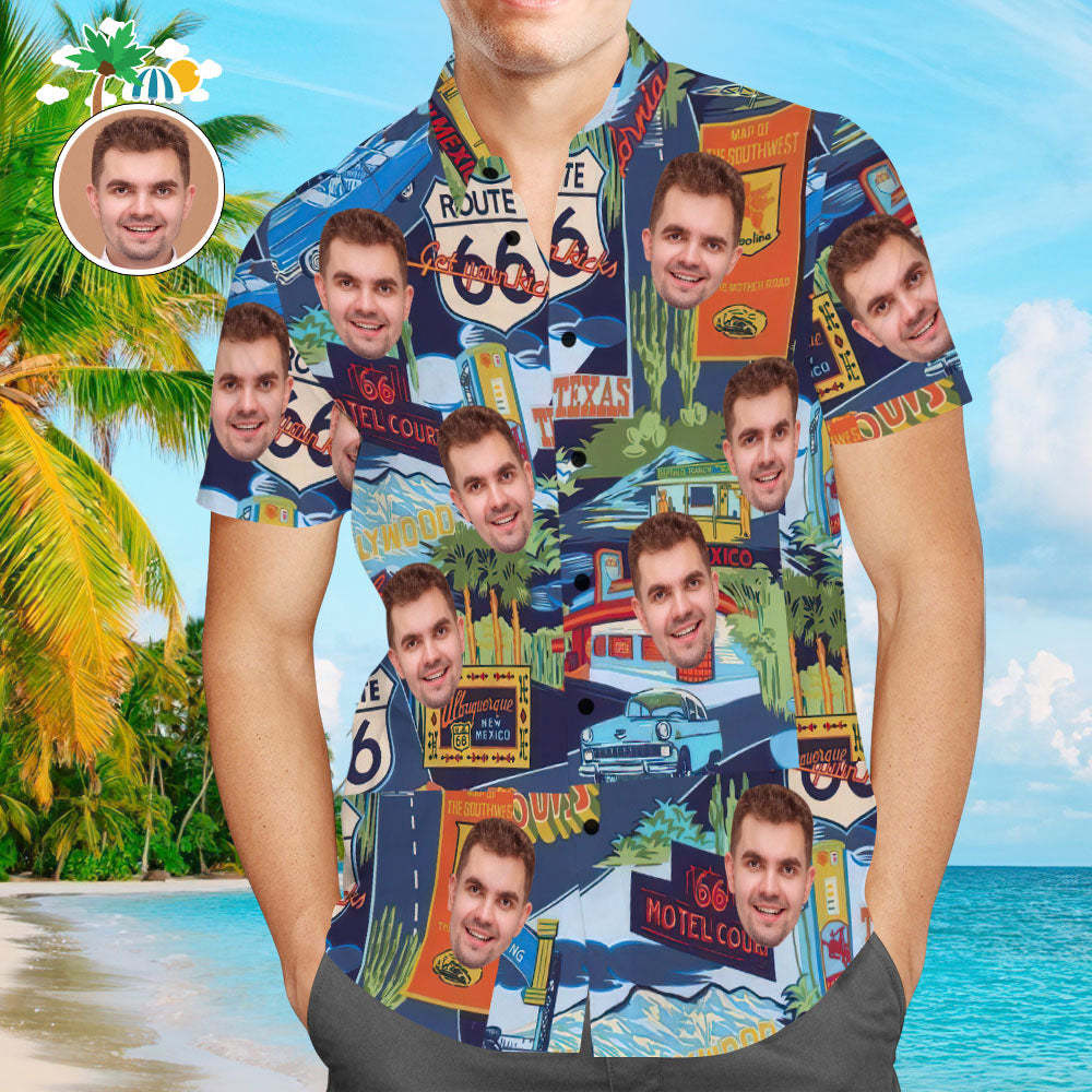 Upload Car Photo Custom Photo Hawaiian Shirt Route 66 Landmarks Aloha Beach Shirt Gift for Him - Get Photo Blanket
