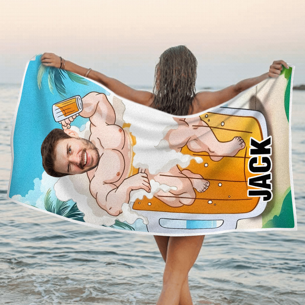 Father's Day Gift , Personalized Beach Towel For Adults Couple Gifts For Him , Beer Man, Muscle Man , Quick Dry , For Dad, No Sand Microfiber Beach Towel