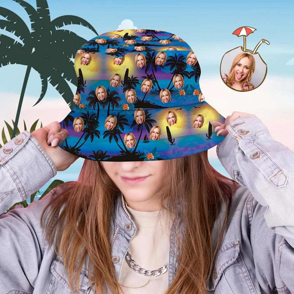 Custom Bucket Hat Personalized Face All Over Print Tropical Flower Print Hawaiian Fisherman Hat - Seaside at Dusk-MyHawaiianShirts