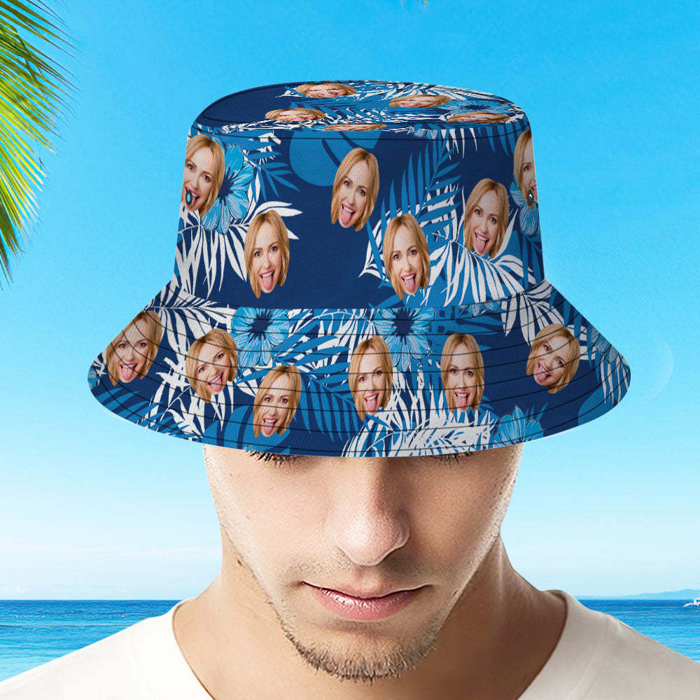 Custom Bucket Hat Personalized Face All Over Print Tropical Flower Print Hawaiian Fisherman Hat - Blue Leaves-MyHawaiianShirts