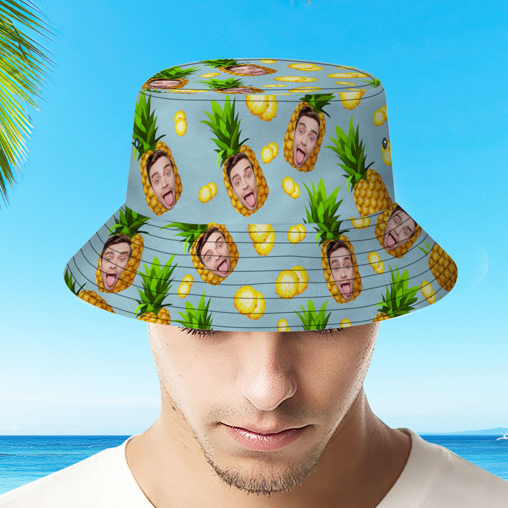 Personalized Photo Gift Funny Cartoon Pineapple Bucket Hat Hawaiian Fisherman Hat-MyHawaiianShirts