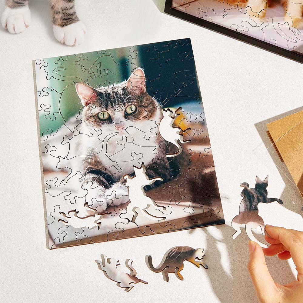 Custom Cat Photo Puzzle Frame Personalized Wooden Cat Shaped Jigsaw Best Gift Ever for Cat Lovers