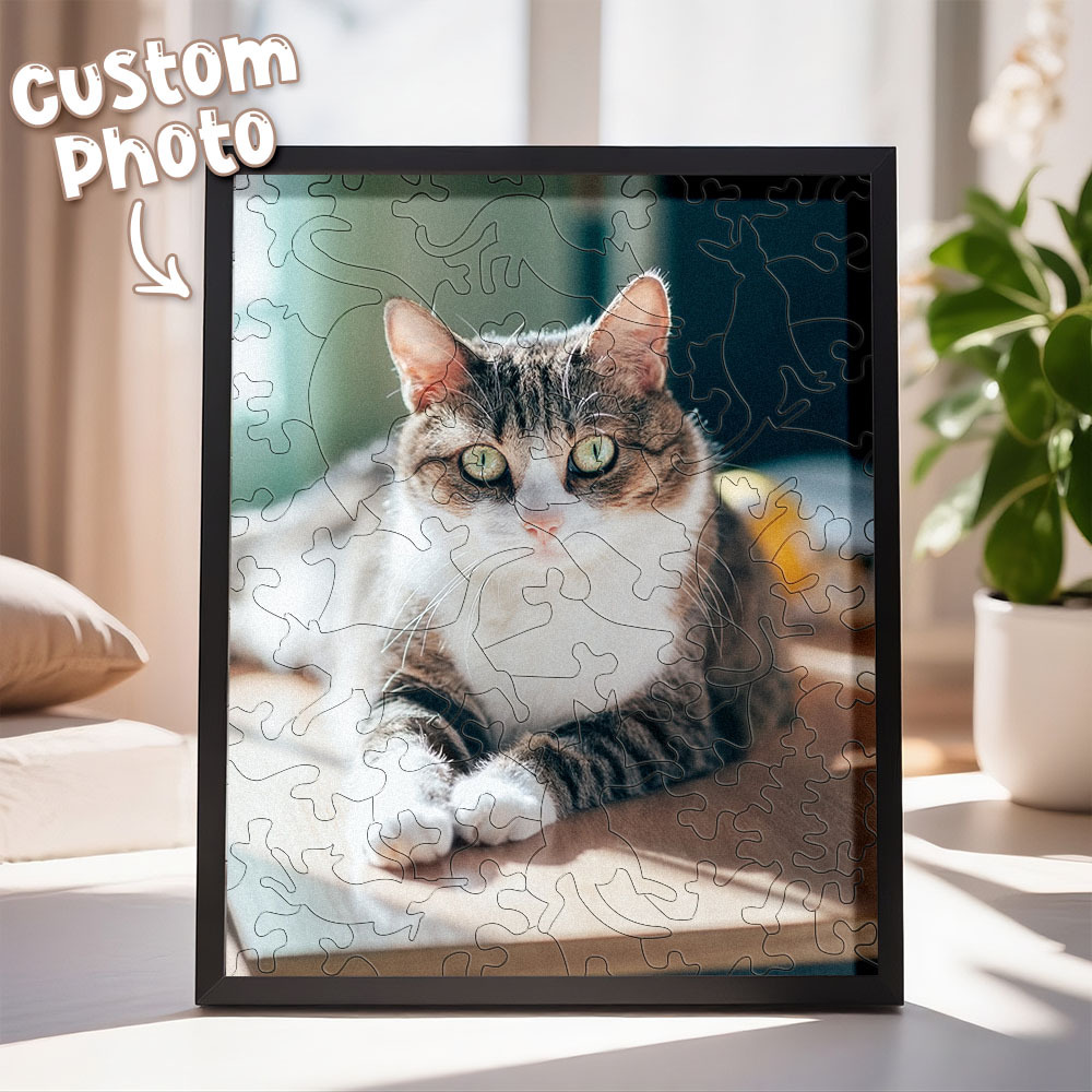 Custom Cat Photo Puzzle Frame Personalized Wooden Cat Shaped Jigsaw Best Gift Ever for Cat Lovers