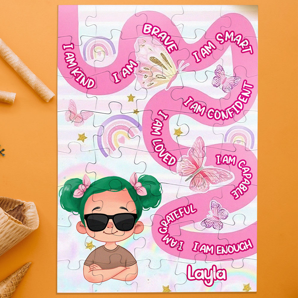 Personalized Puzzle Gift For Children Custom Name Affirmation I Am Puzzle with 5 Background Style Back to School Gift for Kids & Grandson - Get Photo Blanket