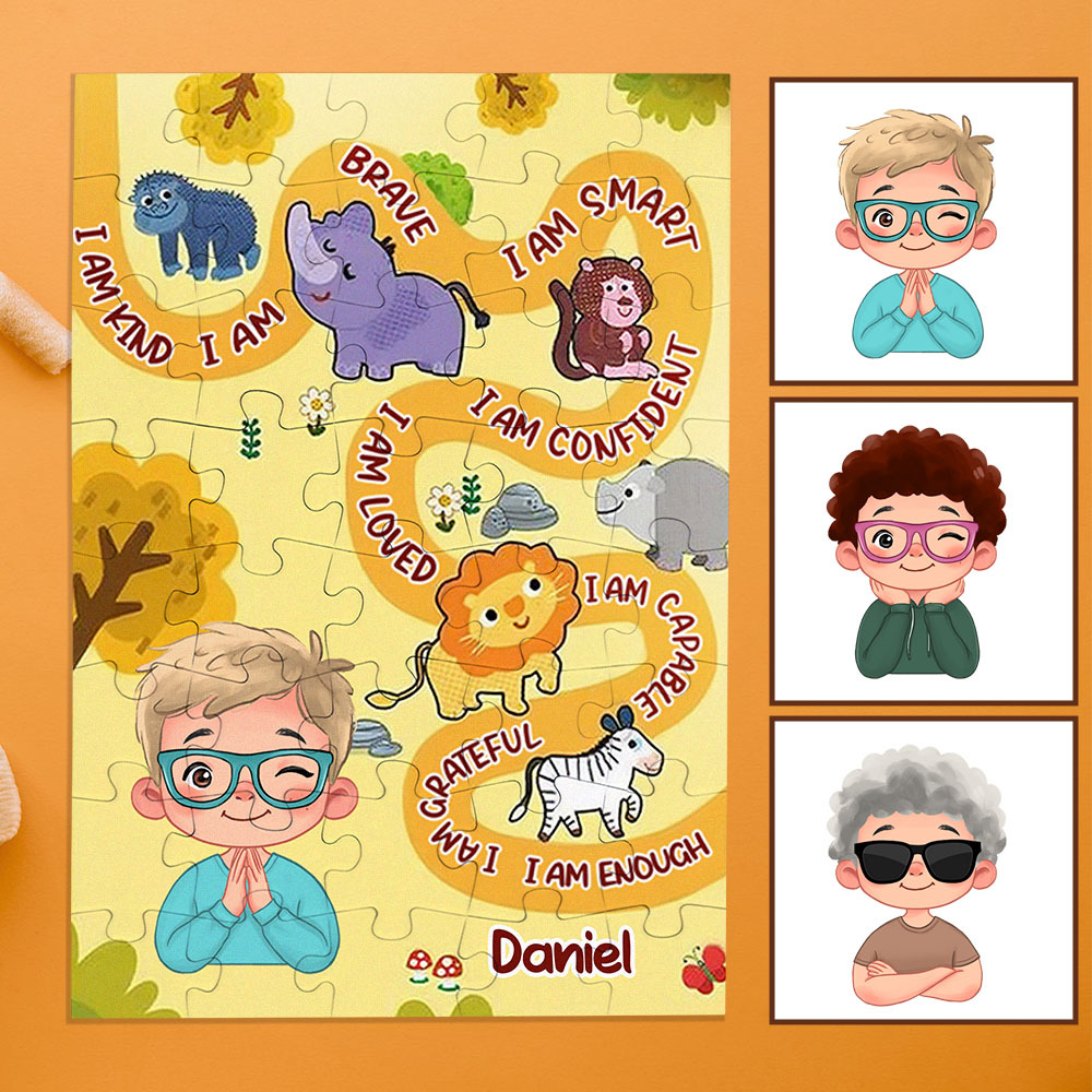Personalized Puzzle Gift For Children Custom Name Affirmation I Am Puzzle with 5 Background Style Back to School Gift for Kids & Grandson - Get Photo Blanket