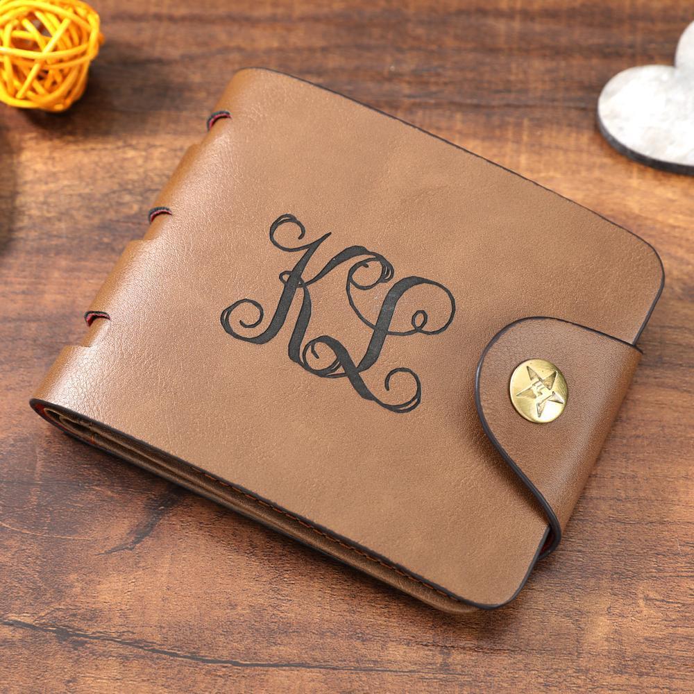 Men's Trifold Brown Custom Sketch Photo Wallet With Engraving Monogram Letter