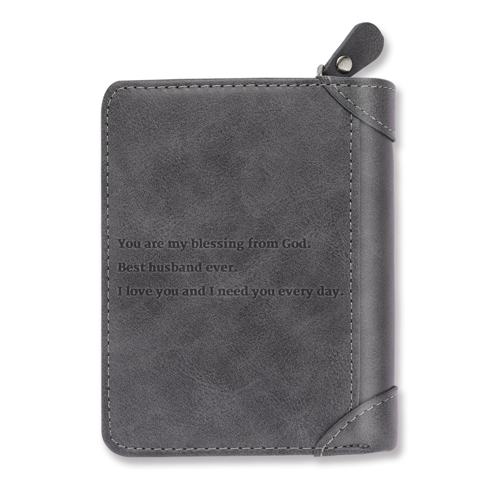 Men's Custom Engraved Photo Wallet Grey Leather With Coin Pocket