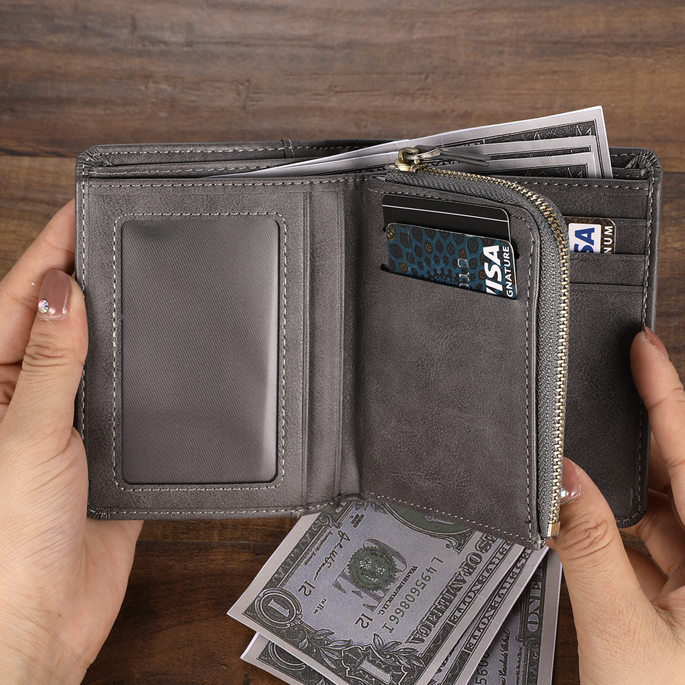 Men's Custom Engraved Photo Wallet Grey Leather With Coin Pocket