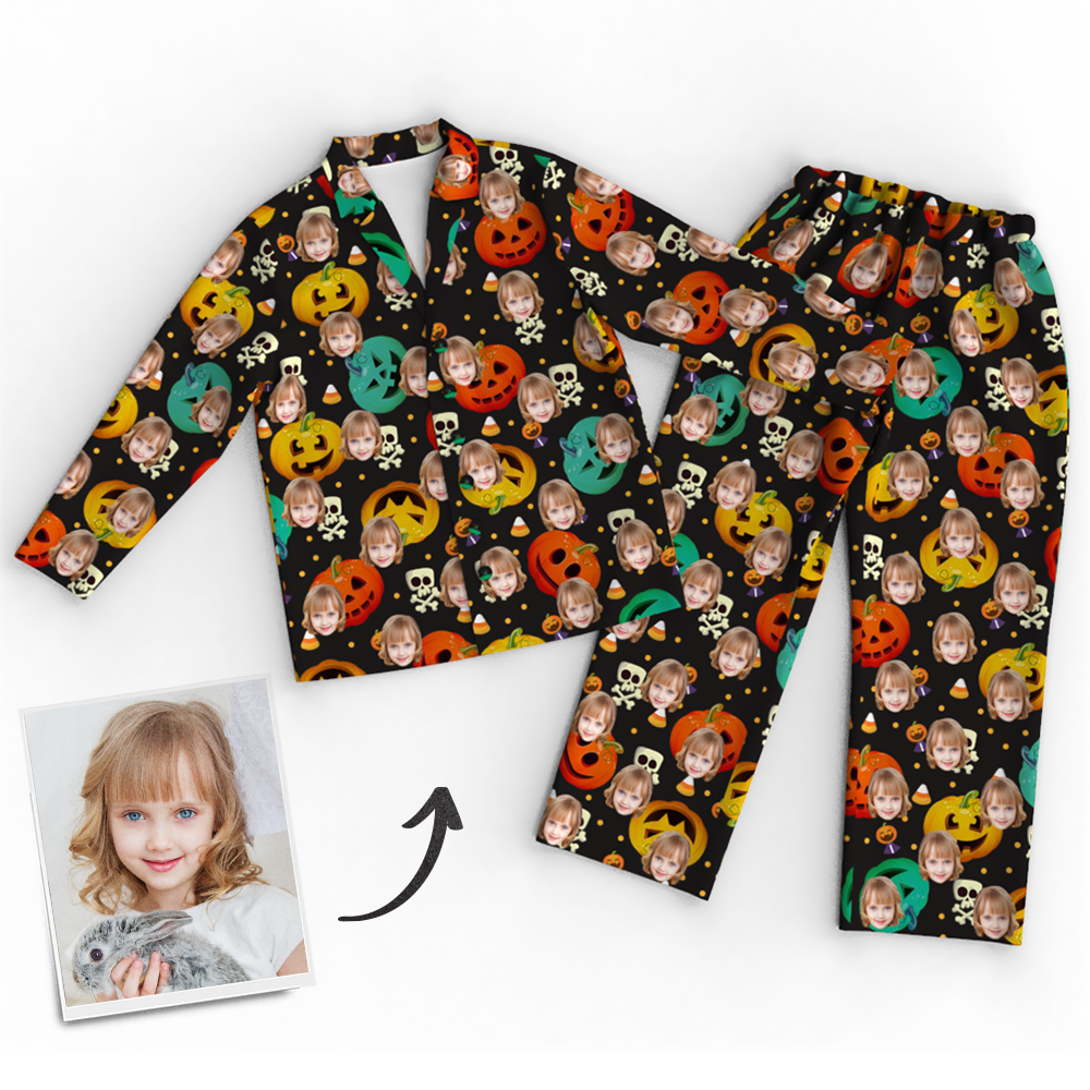 Custom Face Pumpkin Skeleton Pajamas Halloween For Children - Get Photo Blanket
