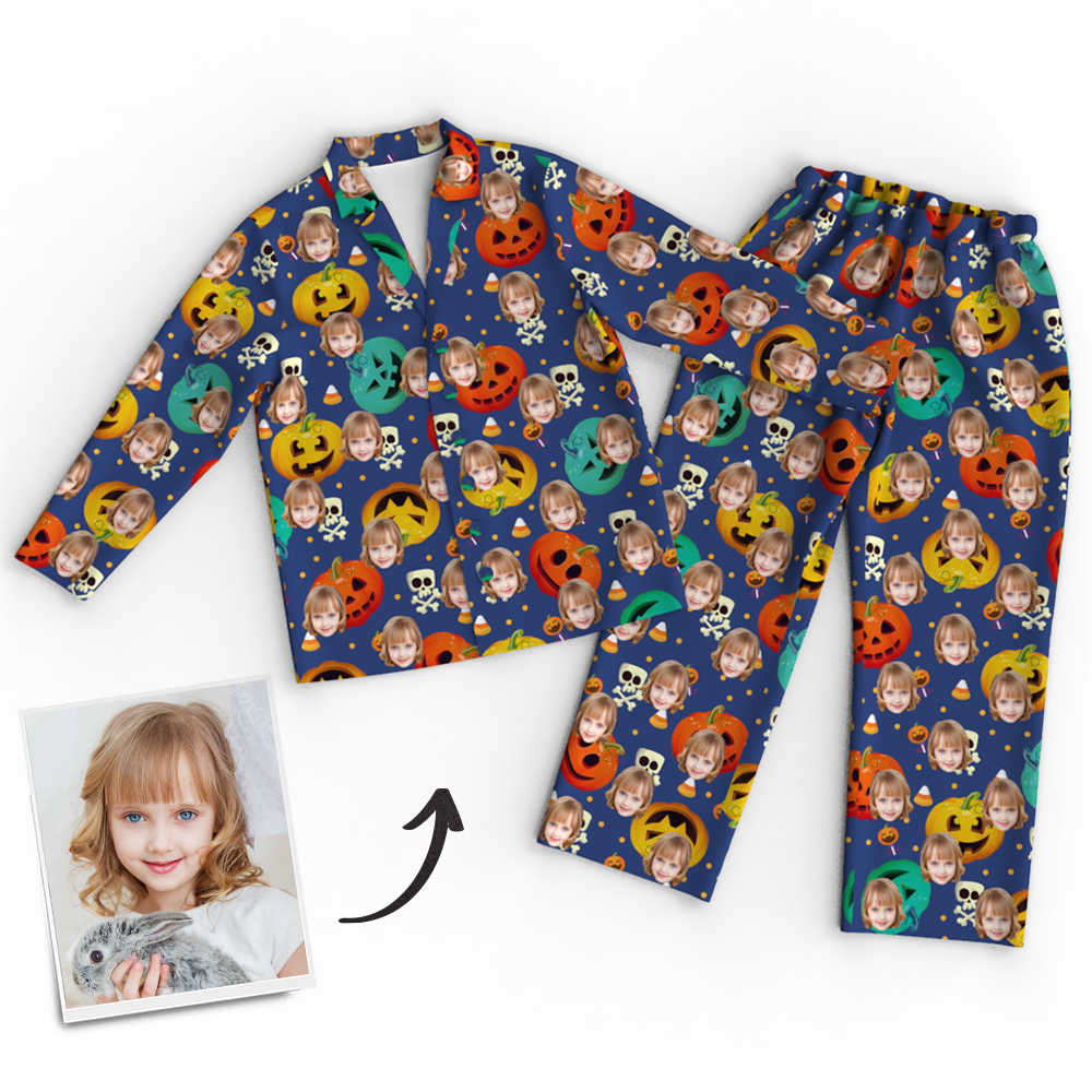 Custom Face Pumpkin Skeleton Pajamas Halloween For Children - Get Photo Blanket