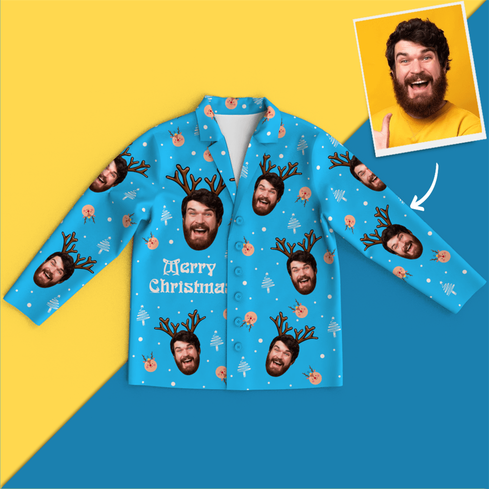 Christmas Antlers Custom Face Black And White Pajamas for Christmas Gifts - Get Photo Blanket