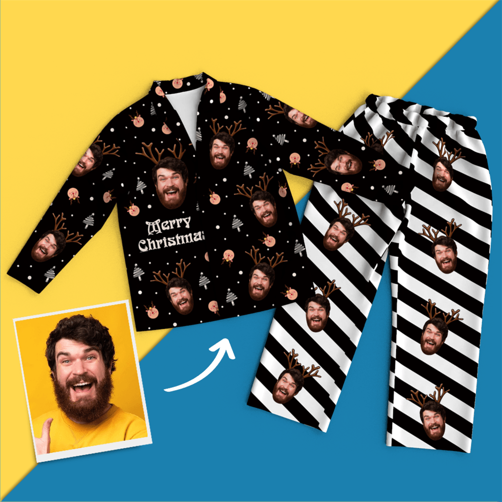 Christmas Antlers Custom Face Black And White Pajamas for Christmas Gifts - Get Photo Blanket