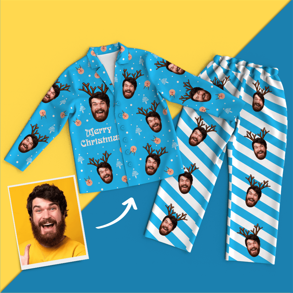 Christmas Antlers Custom Face Black And White Pajamas for Christmas Gifts - Get Photo Blanket