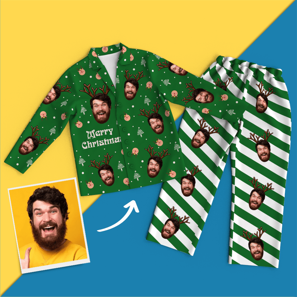 Christmas Antlers Custom Face Black And White Pajamas for Christmas Gifts - Get Photo Blanket