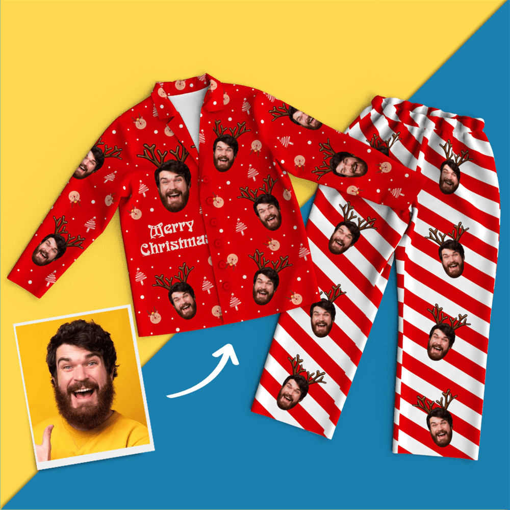 Christmas Antlers Custom Face Black And White Pajamas for Christmas Gifts - Get Photo Blanket
