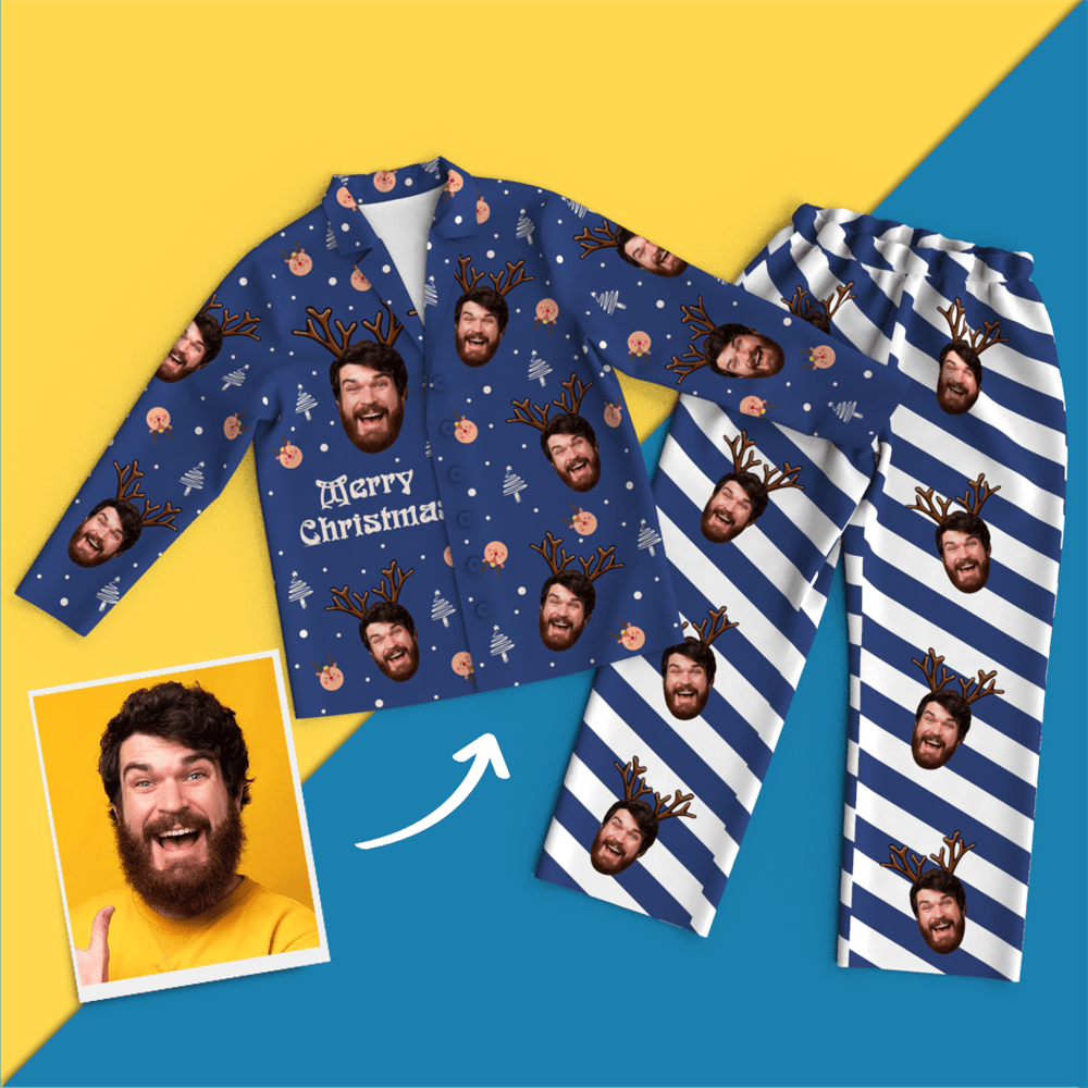 Christmas Antlers Custom Face Black And White Pajamas for Christmas Gifts - Get Photo Blanket