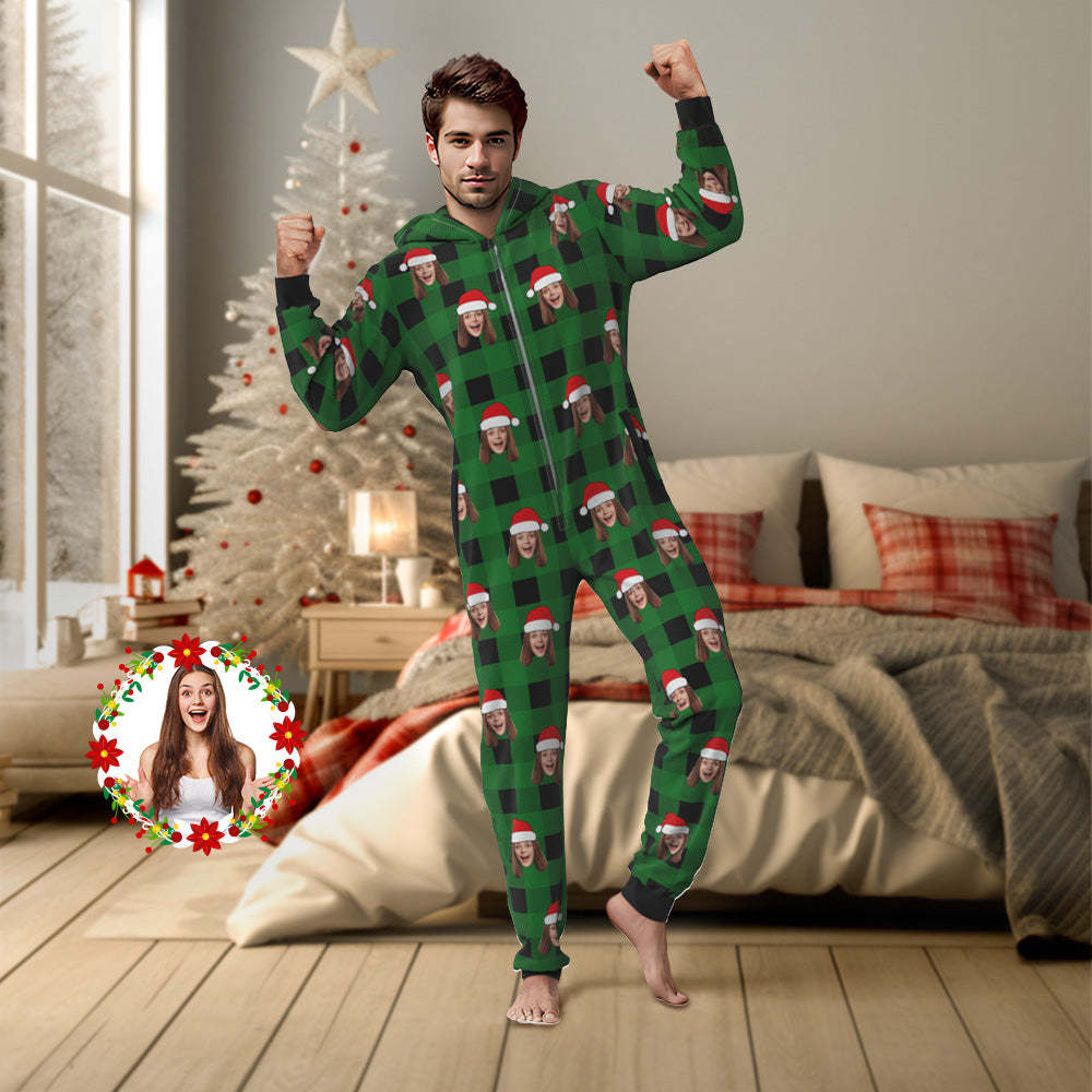 Custom Onesies Photo Pajamas One-Piece Sleepwear Red and Black Plaid Jumpsuit Homewear Christmas Gift - Get Photo Blanket