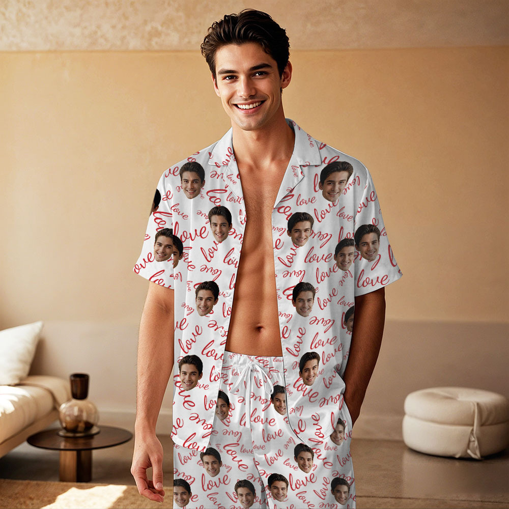 Custom Face Short Sleeve Pajamas Personalized Couple Pajama Heart Sleepwear