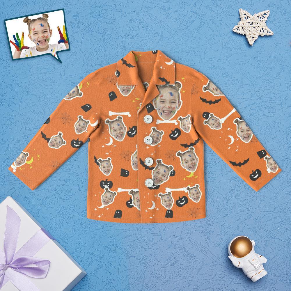 Custom Face Children's Halloween Pajamas For Kids Pumpkin Bat Print Pyjamas - Get Photo Blanket