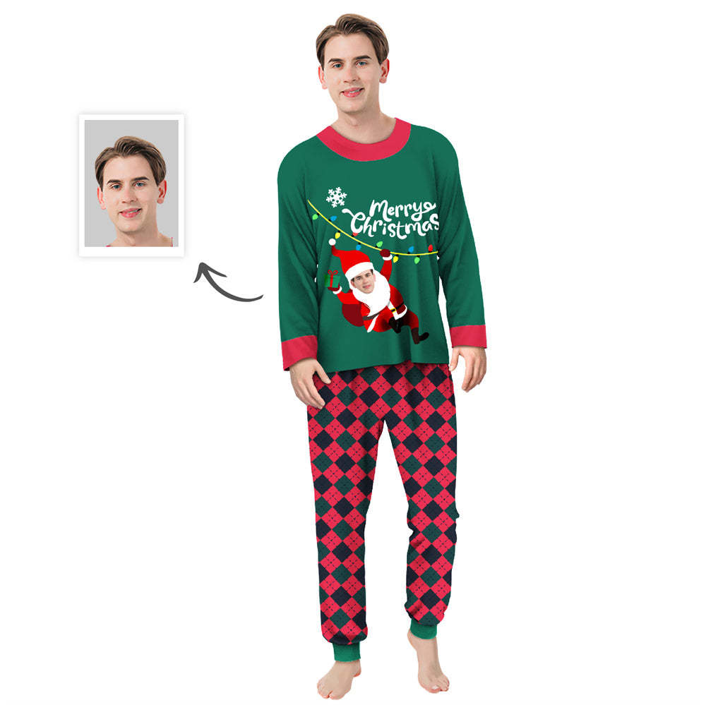 Custom Face Personalized Family Christmas Sleepwear Santa Claus LED Lights Pajamas Set - Get Photo Blanket