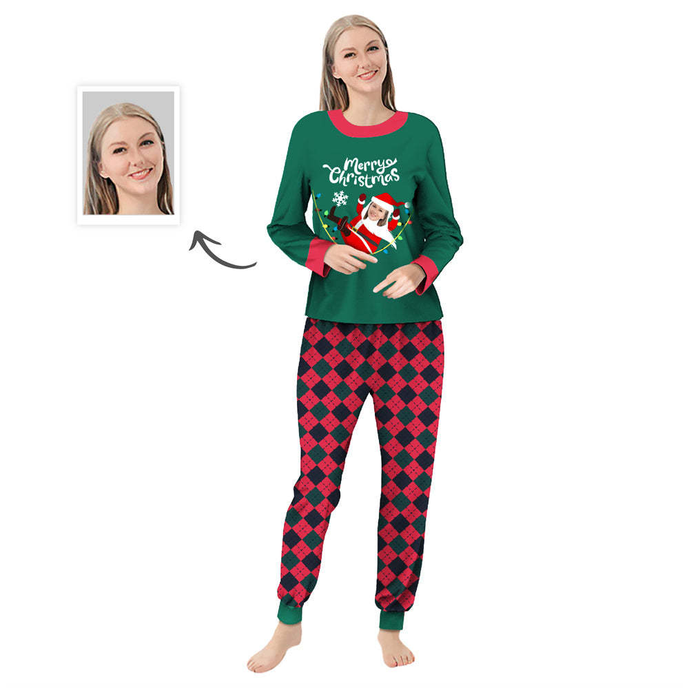 Custom Face Personalized Family Christmas Sleepwear Santa Claus LED Lights Pajamas Set - Get Photo Blanket