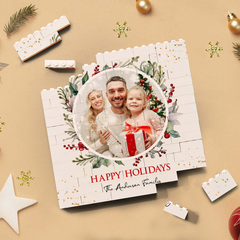 Custom Building Block Puzzle Square Family Photo Brick Happy Holidays - Get Photo Blanket