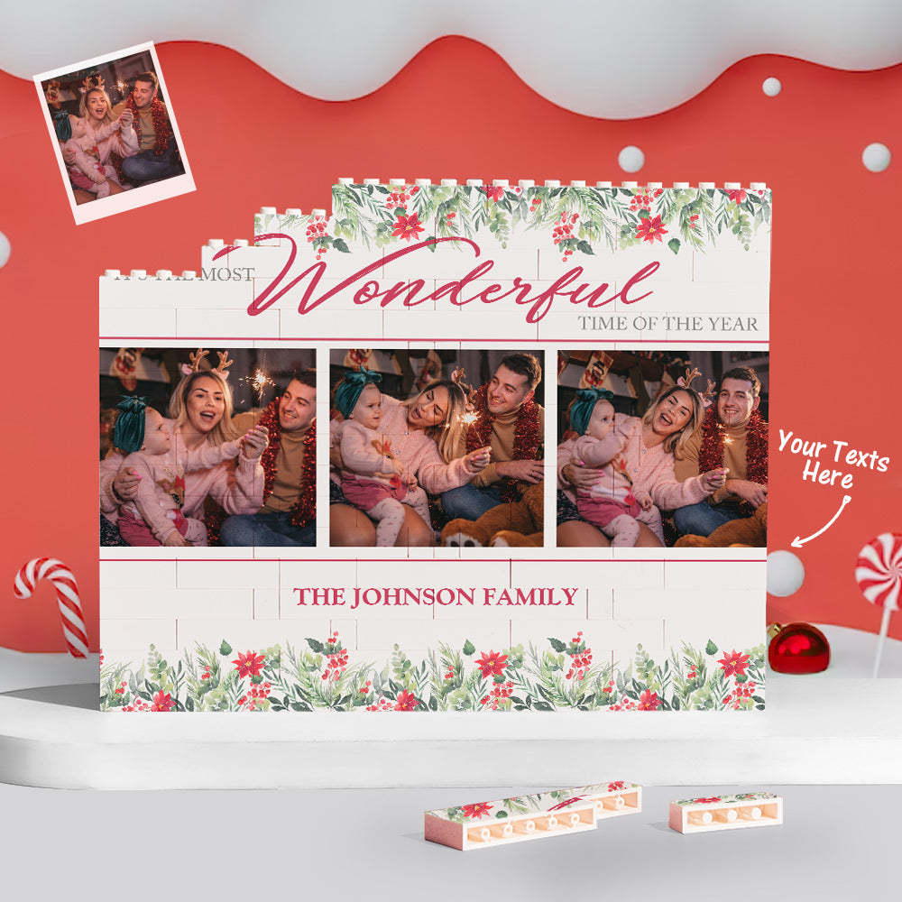 Custom Building Block Puzzle Personalized Horizontal Trio Photo Brick Christmas Wonderful Time - Get Photo Blanket