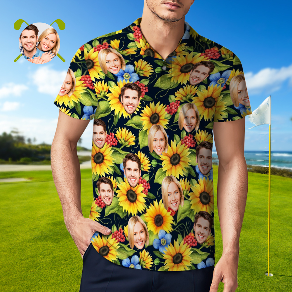 Custom Polo Shirt with Face Personalized Sunflower Polo Shirt for Men Gift for Him - Get Photo Blanket