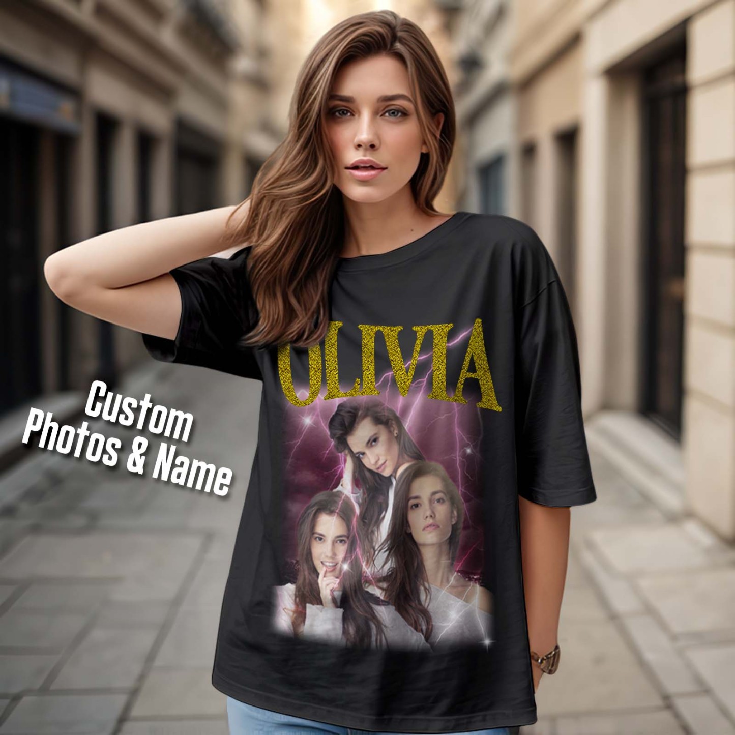 Custom Photo Vintage Tee Personalized Applique Glitter Name T-shirt Couple Gifts - Get Photo Blanket