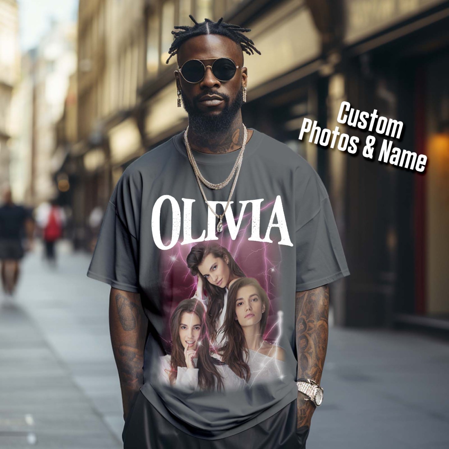 Custom Photo Vintage Tee Personalized Applique Glitter Name T-shirt Couple Gifts - Get Photo Blanket