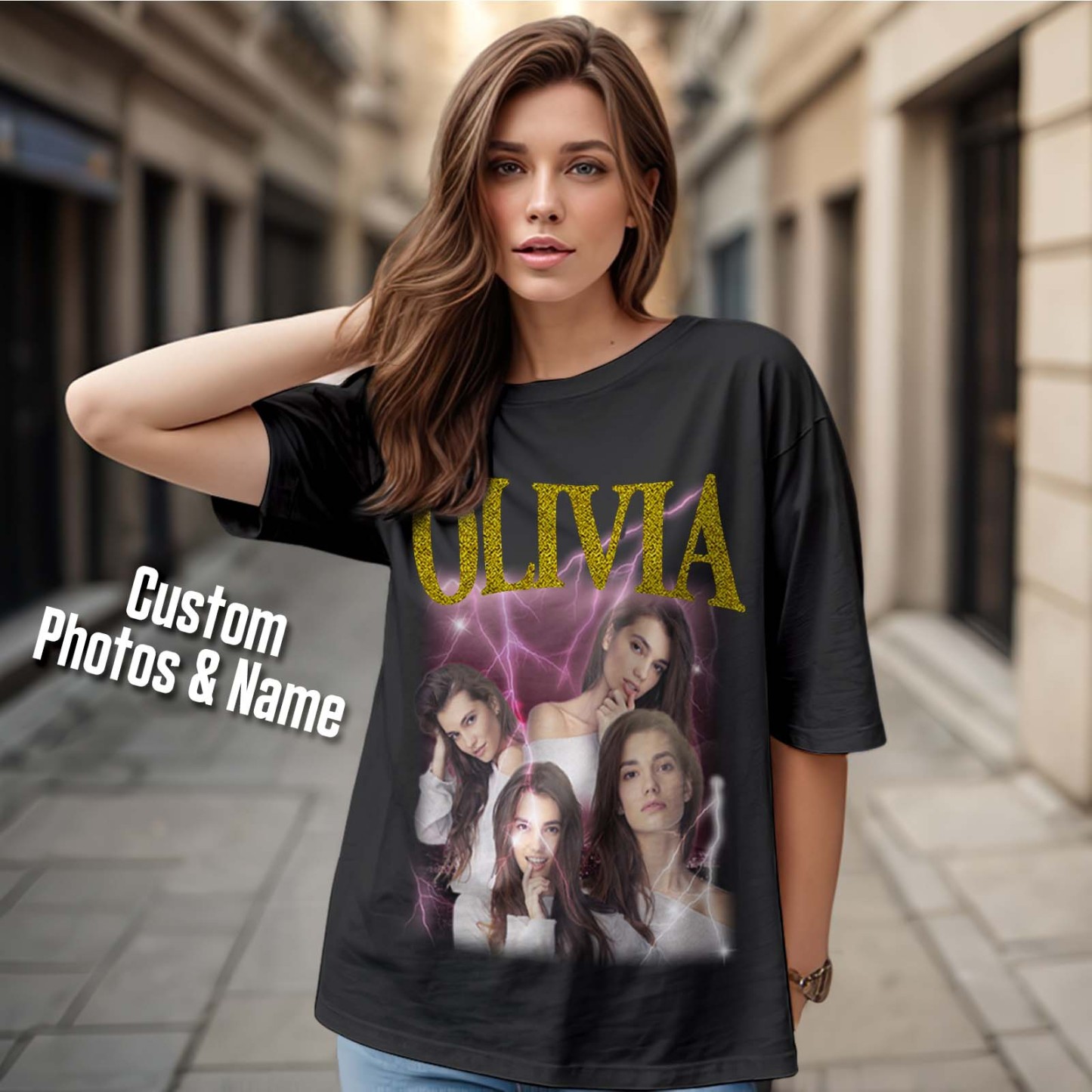 Custom Photo Vintage Tee Personalized Applique Glitter Name T-shirt Couple Gifts - Get Photo Blanket