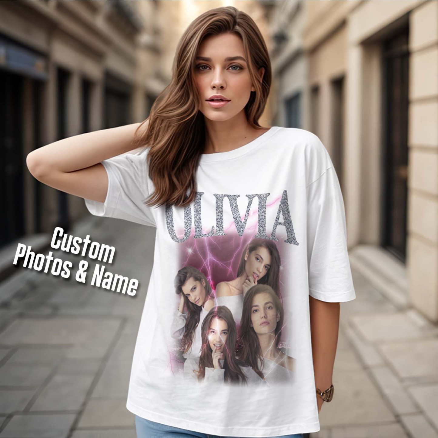 Custom Photo Vintage Tee Personalized Applique Glitter Name T-shirt Couple Gifts - Get Photo Blanket