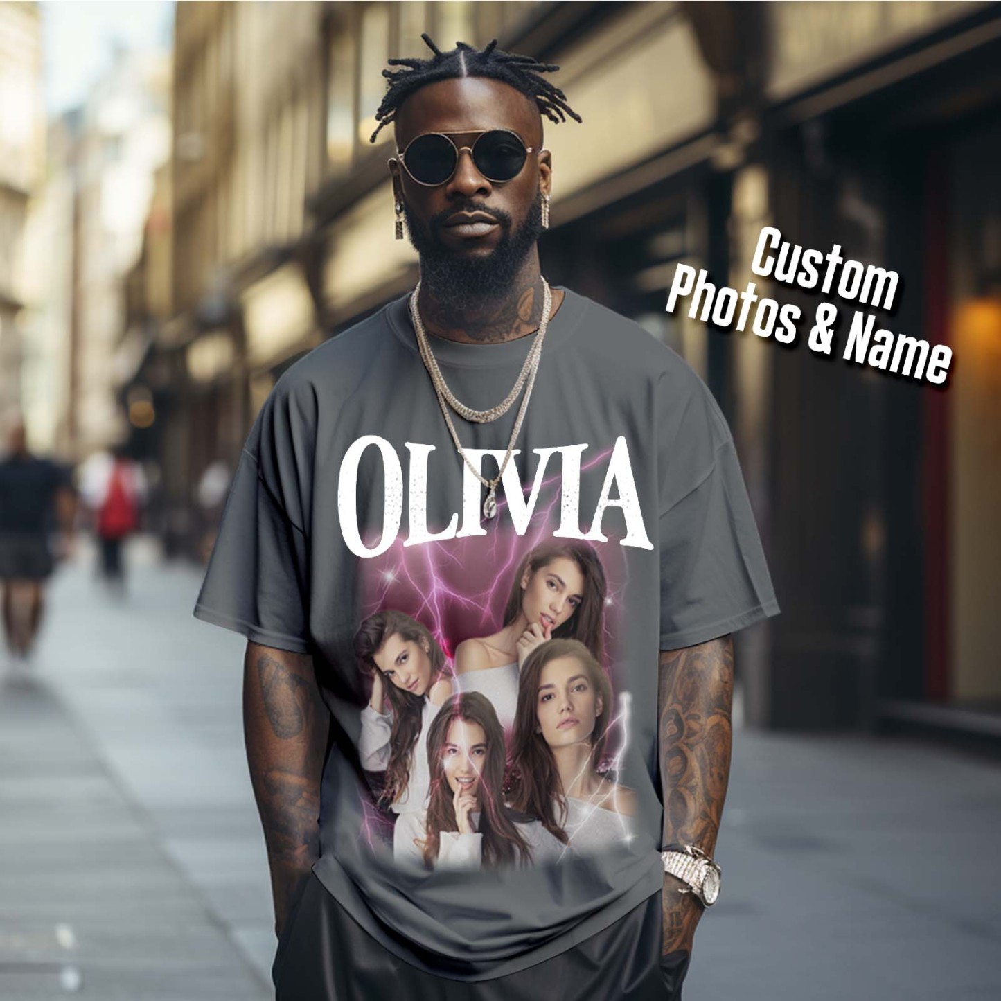 Custom Photo Vintage Tee Personalized Applique Glitter Name T-shirt Couple Gifts - Get Photo Blanket