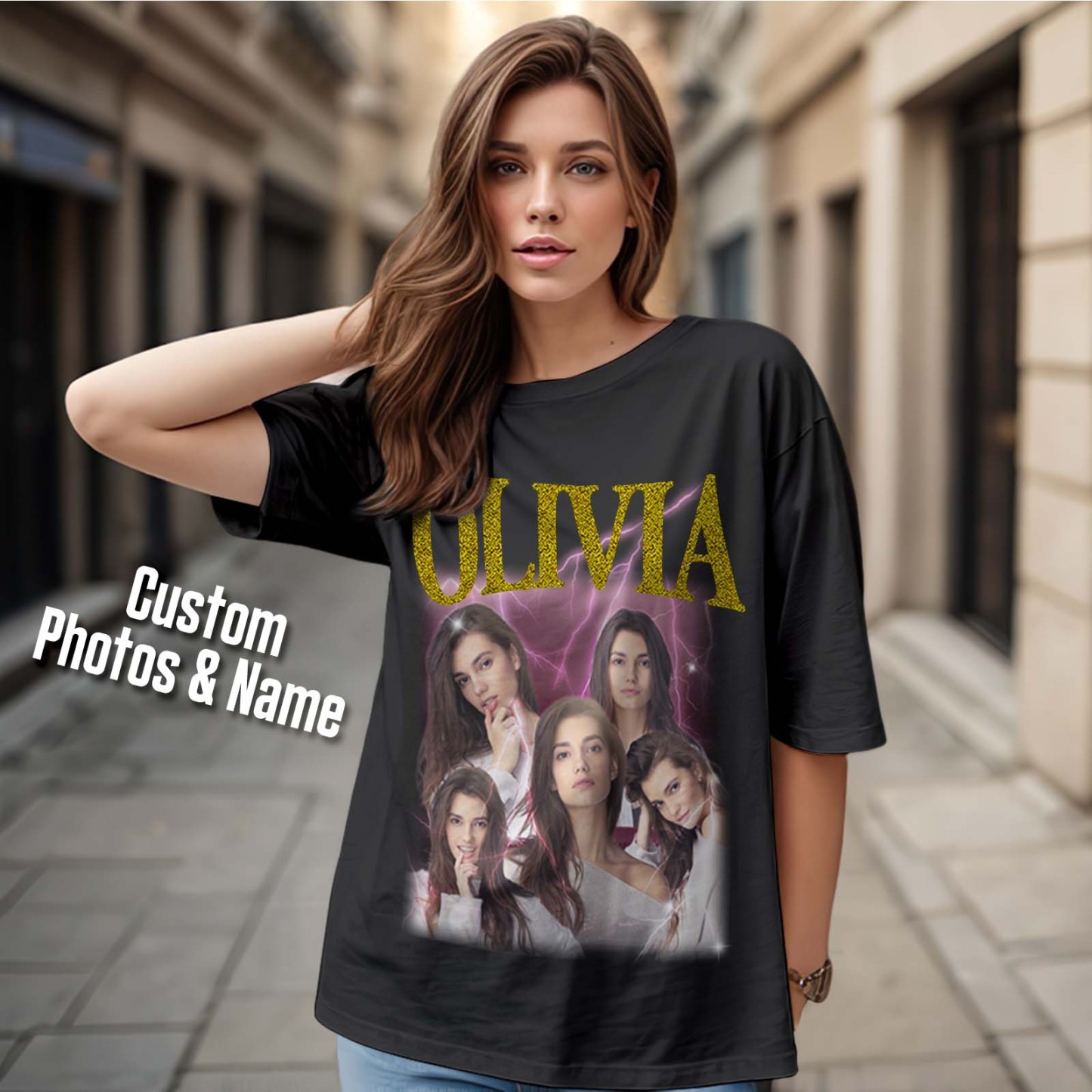 Custom Photo Vintage Tee Personalized Applique Glitter Name T-shirt Couple Gifts - Get Photo Blanket