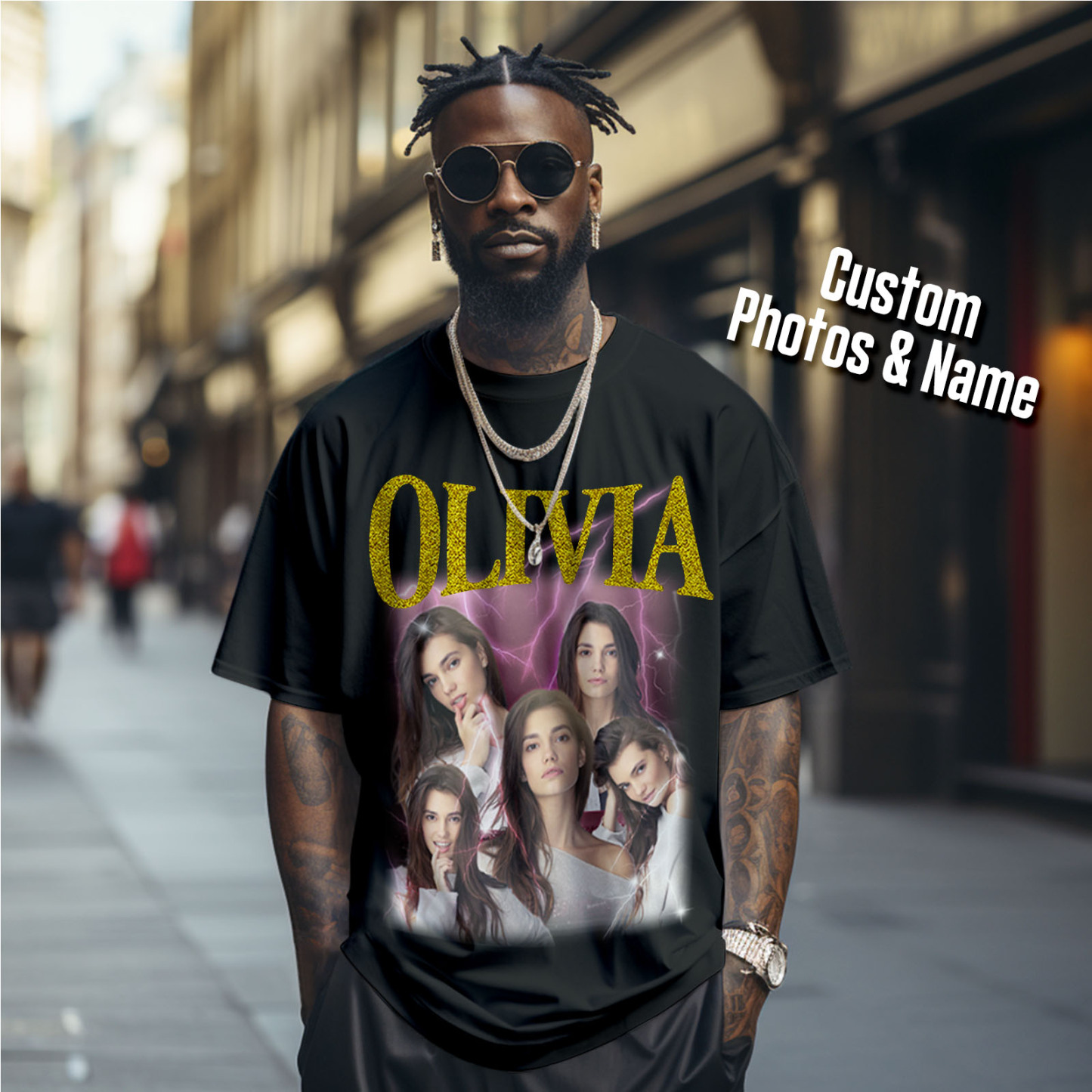 Custom Photo Vintage Tee Personalized Applique Glitter Name T-shirt Couple Gifts - Get Photo Blanket