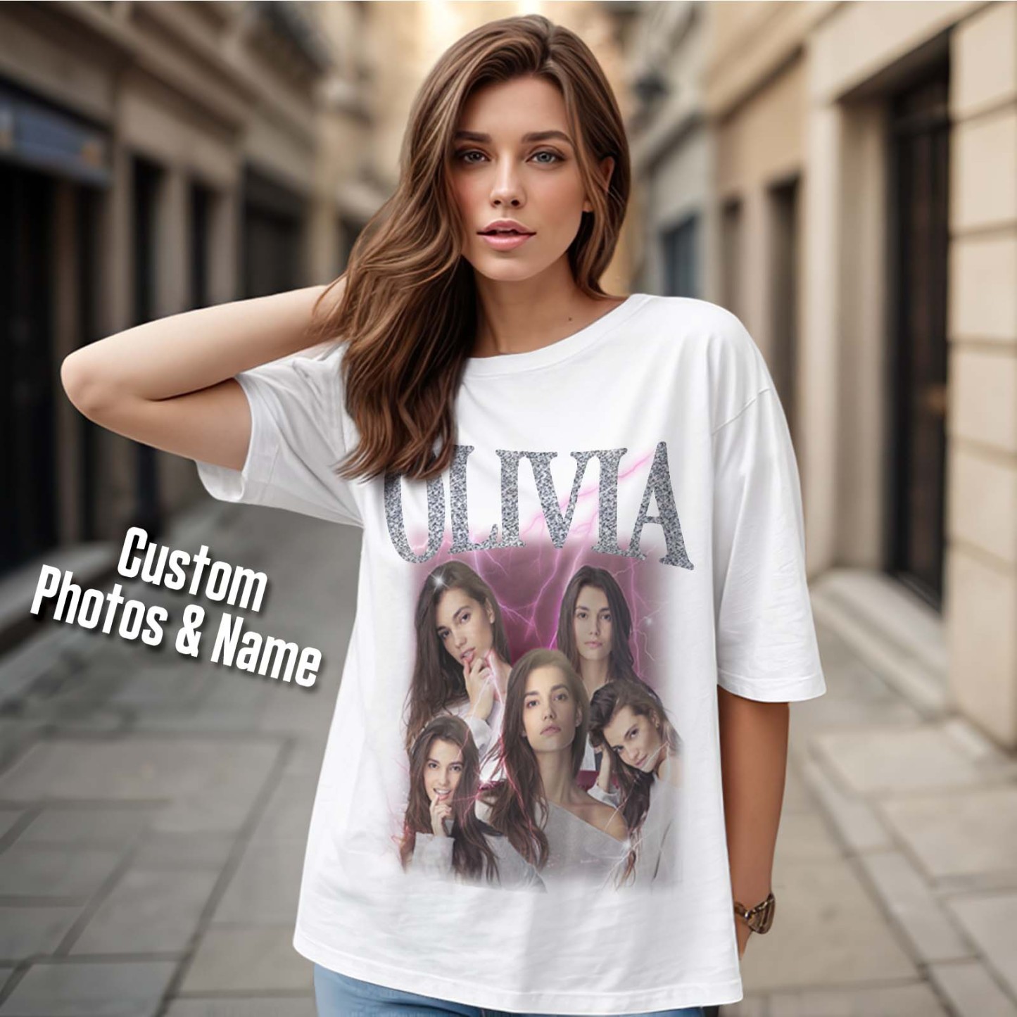 Custom Photo Vintage Tee Personalized Applique Glitter Name T-shirt Couple Gifts - Get Photo Blanket