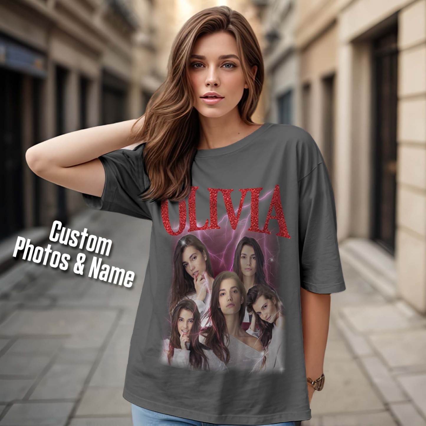 Custom Photo Vintage Tee Personalized Applique Glitter Name T-shirt Couple Gifts - Get Photo Blanket