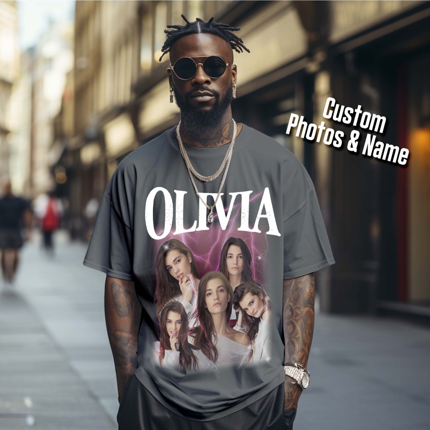 Custom Photo Vintage Tee Personalized Applique Glitter Name T-shirt Couple Gifts - Get Photo Blanket