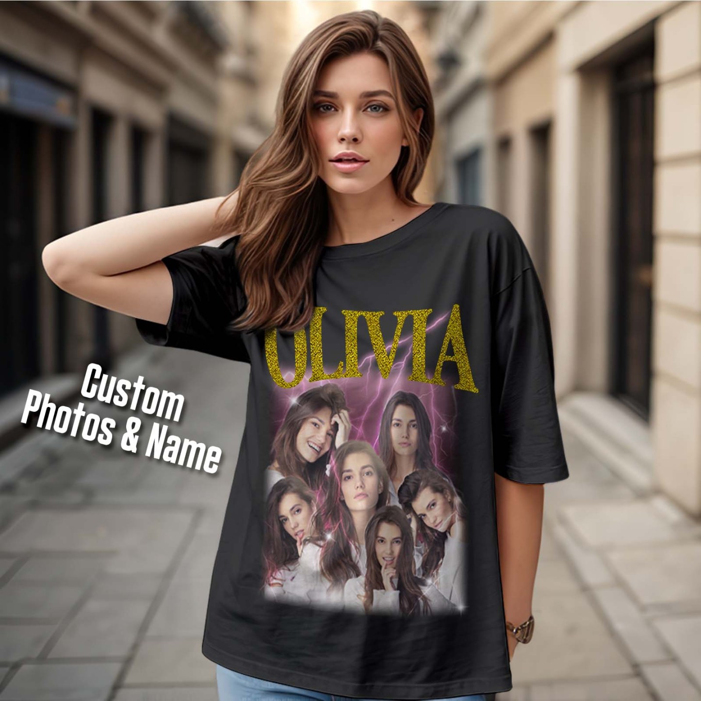 Custom Photo Vintage Tee Personalized Applique Glitter Name T-shirt Couple Gifts - Get Photo Blanket